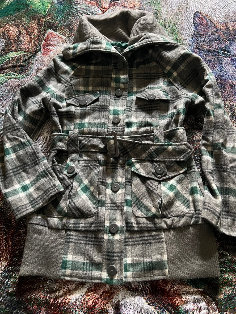 Plaid Belted Jacket - Gray & Green